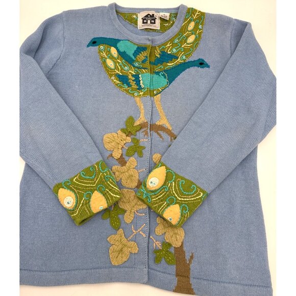 Storybook Knits Women's Blue/Green Button Up Cardigan Sweater Embracing Peacocks - Picture 2 of 12